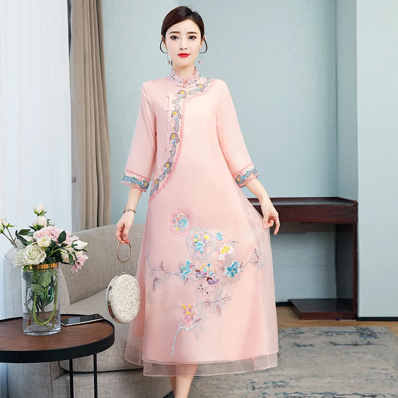 

Europe And America WOMEN'S Dress 2020 Spring Loose Literature And Art Elegant Mid-length Improved Cheongsam Embroidered Ethnic-S