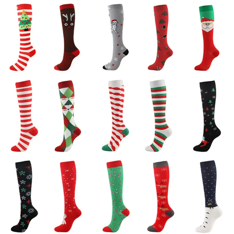 

Men Women Compression Socks High Long Christmas Cap Tree Deer Striped Printed Polyester Nylon Hosiery Footwear Accessories