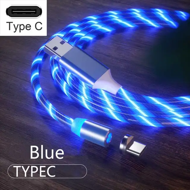 3 In1 Magnetic Current Luminous Lighting Charging Mobile Phone Cable Cle Usb C Cable LED Micro USB Type C for Iphone Huawei P50 For Type-C Blue