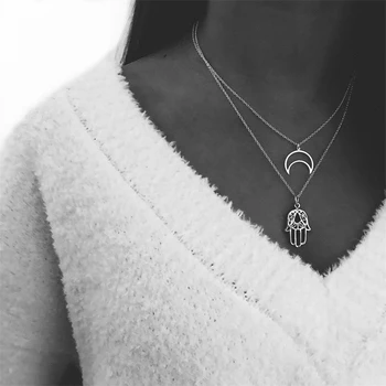 

Simple Double Layer Moon Hand Necklaces & Pendants For Women Vintage Charm Choker Necklace 2019 Female Jewelry Wholesale