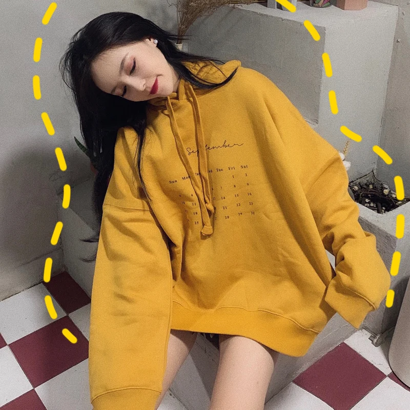 Толстовки женские с принтом Ulzzang мягкие весна осень Свободный корейский стиль Тонкий с капюшоном Плюс Размер Женская толстовка шикарная Повседневная