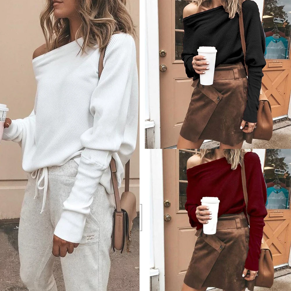 

New Plus Size Women Off Shoulder Loose Pullover Sweater Long Sleeve Knit Sweater Jumper Top Ladies Casual Fall Tops Slash Neck