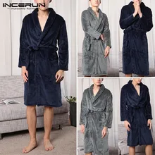 INCERUN/зимние мужские халаты, Фланелевое кимоно с длинными рукавами, Повседневная однотонная плюшевая одежда для сна, теплая Модная домашняя одежда для пары, мужские халаты