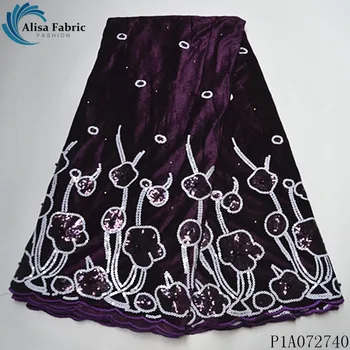 

Alisa latest african velvet lace fabric high quality embroidery with stones french sequins lace fabrics 5 yards/piece for sewing