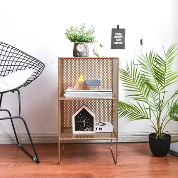 

Gold Iron art2 layer grid rack book Shelves creative metal Hollow Sundries storage box for Living room dining room63*35*24cm