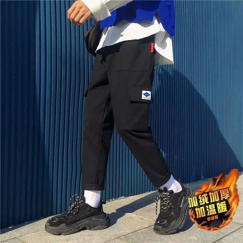 

Autumn & Winter Pants with Velvet Sub-Men's Korean-style Popular Brand Bib Overall Loose Warm Capri Straight-Cut Casual Pants Ha