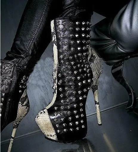

Mixed Color Round Toe Black White Rivets Decorated Platform Zipper Side Stiletto Heel High Heel Ankle Short Boots