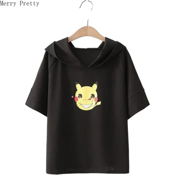 

Women Hooded T Shirts Hrarakuju Cartoon Printed Funny Cotton T Shirt 2020 Summer Short Sleeve Basic Casual Loose Tops Tees