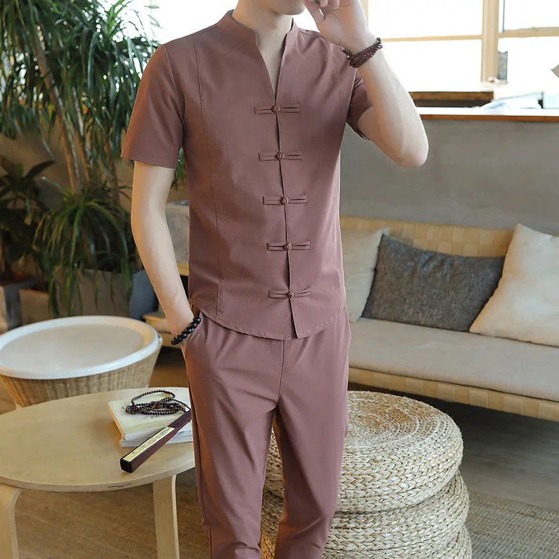 

2019 New Style Chinese-style Youth Flax Capri Pants Retro Frog Two-Piece Set Summer Cotton Linen Short Sleeve Set