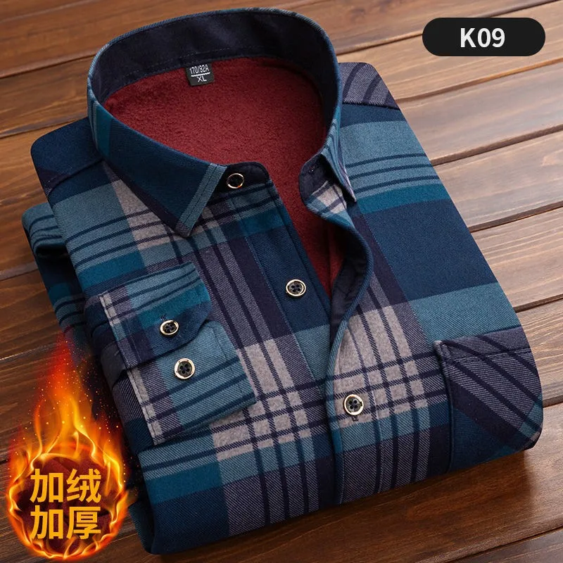 2022 Winter Mens Fashion Thicking Warm Long Sleeve Print Plaid Shirt Male Business Casual Fleece Lined Soft Flannel Dress Shirts mens short sleeve button down