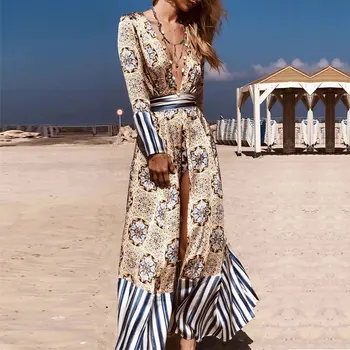 

Mossha Vintage print Boho beach dress women Long Striped woman swimsuit cover-ups female 2020 Fashion Summer beach wear kimono
