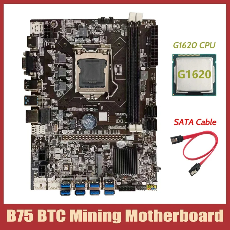 NEW-B75 BTC Mining Motherboard+G1620 CPU+SATA Cable LGA1155 8XPCIE USB Adapter DDR3 MSATA B75 USB BTC Miner Motherboard optical sound cable