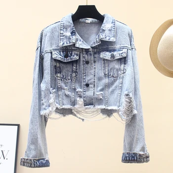 

2020 Spring Women Short Loose Frayed Hole Denim jacket Washed Blue jean jacket Autumn New Bomber coat Korean Casual Fashion New