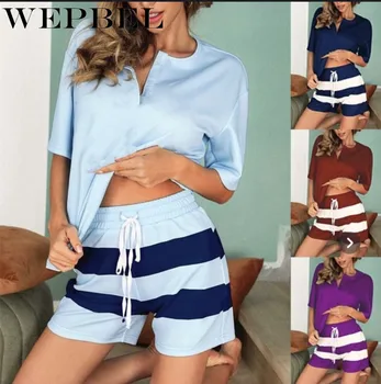

WEPBEL Women's Solid Color Half Sleeve V-neck Solid Color Top + Striped Drawstring Shorts Fashion Casual Two-piece Suit