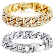 14mm Cuban Bracelet For Men Gold Silver Color Hip Hop Rhinestones CZ Rapper Bracelet Jewelry
