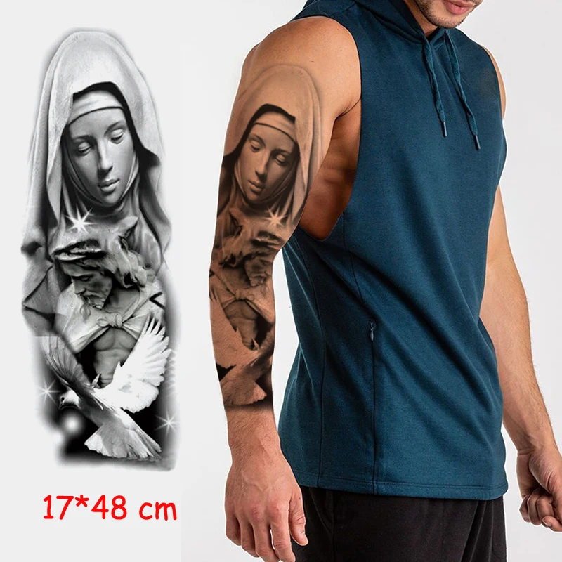 Водостойкая временная татуировка наклейка на полную руку с изображением девы Марии и Иисуса мира голубя Татуировка наклейка s Flash поддельные татуировки для мужчин и женщин