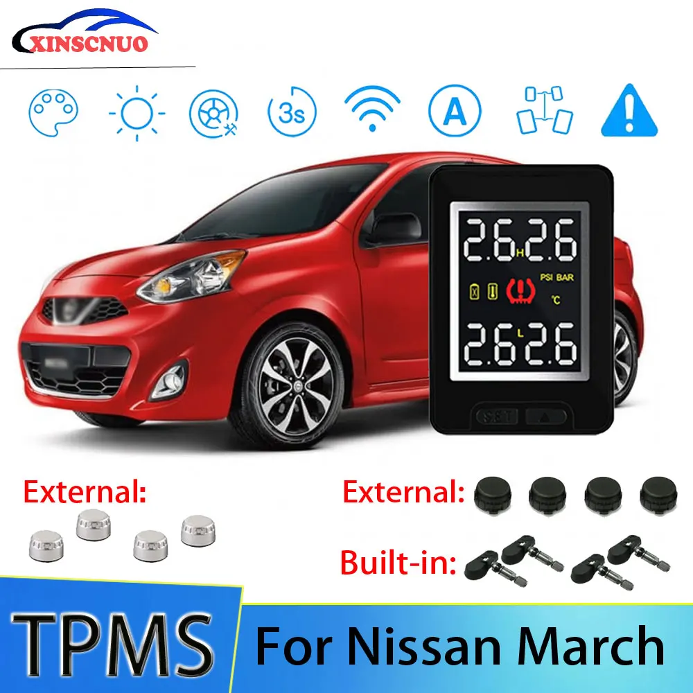 

Smart Car TPMS Tire Pressure Monitor System For Nissan March With 4 Sensors Wireless Alarm Systems LCD Display TPMS Monitor