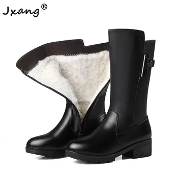 

JXANG Wool Snow Boot Women Warm Plush Fashion Knee Boots Fashion Platform for Women Genuine Leather Women Winter Boots black