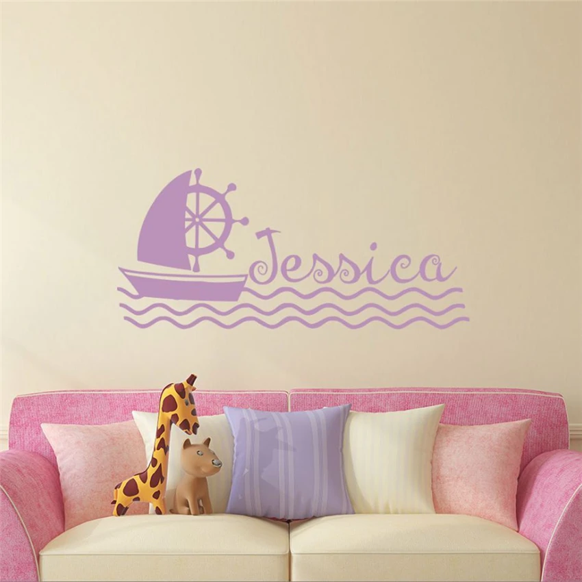 Wall Stickers custom colour name boat sea wave vinyl decal decor Nursery kids 