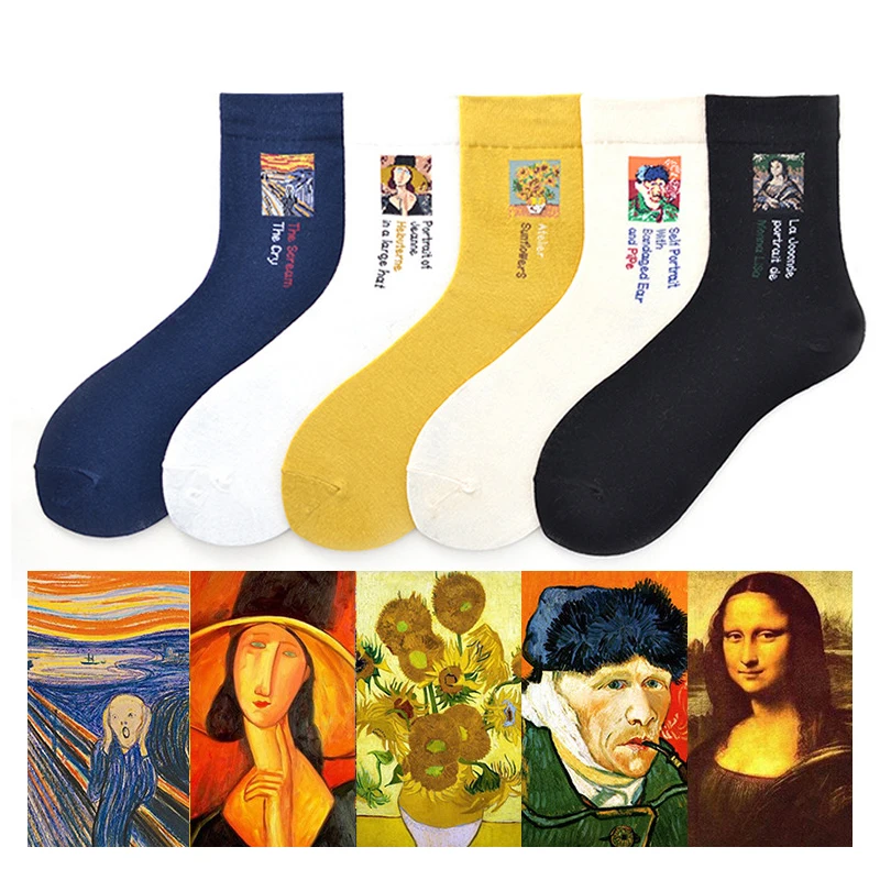 

Modern Renaissance Winter Oil Painting Van Gogh Sunflower Mona Lisa Socks Female Retro Art Abstract Happy Funny Women Socks