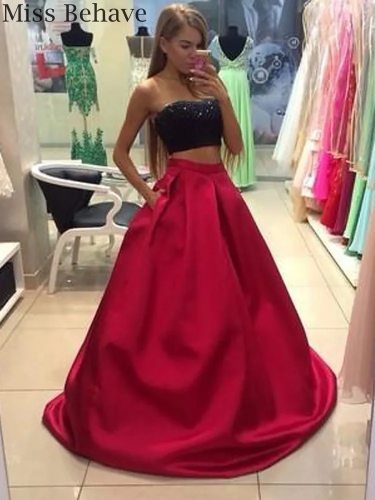 

DD JYOY Sexy Two Pieces Evening Dress with Train Black Body Satin Red Gown Formal Women Evening Gown