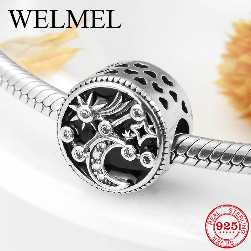 Fashion 925 sterling silver Sun Star Moon Black Enamel Round DIY Beads Fit Original European Charm Bracelet Jewelry Making | Украшения и