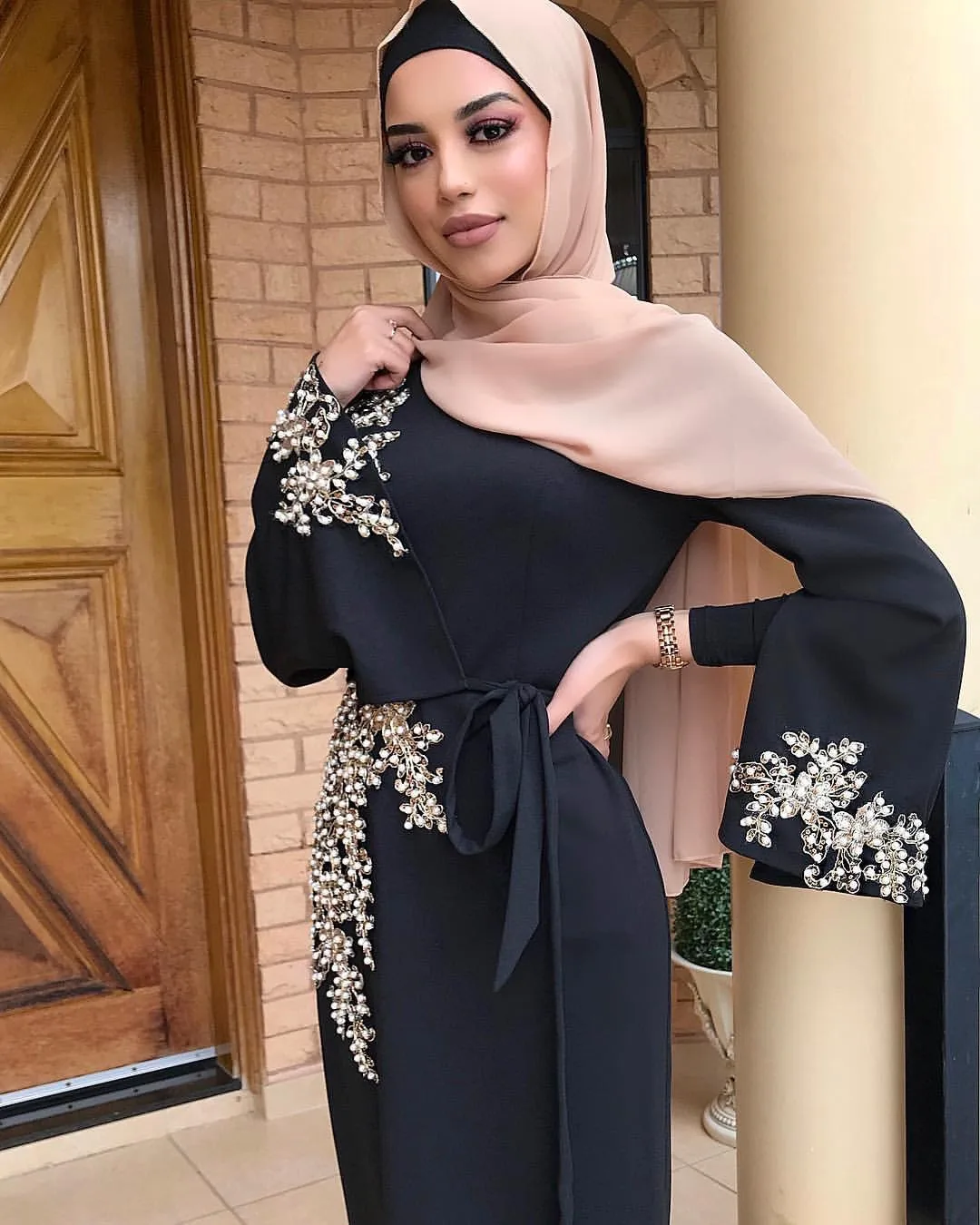 Dubai Arab Islamic Clothing Women Muslim Dress beading Floral Printed Lace-up slim Maxi Abaya Dresses Kaftan Islam Costume femme