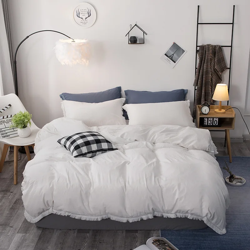 

Solid Washed Cotton Handmade Tassel Lace Duvet Set Luxury King Queen Sinle Size Comforter Bedding Set