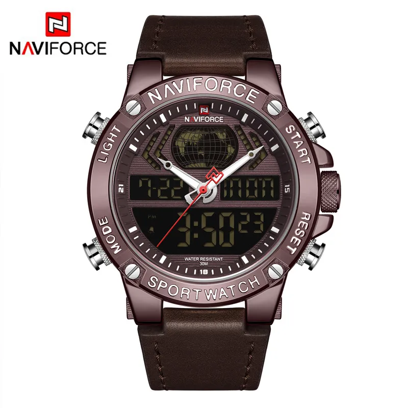 NAVIFORCE мужские часы цифровые спортивные Топ брендовые роскошные мужские наручные часы военные из натуральной кожи светодиодный кварцевые деловые мужские часы 9164 - Цвет: NA916403 without box