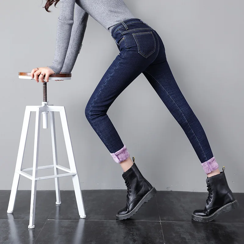 dark blue Winter Pencil Jeans Woman High Waist Fleece Warm Denim Trousers Female Skinny Pencil Pants Women Casual Jeans Plus size - Цвет: dark blue