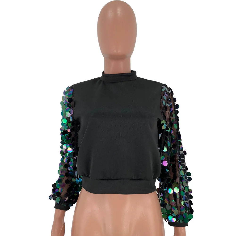 Однотонный сетчатый лоскутный пуловер с блестками и стоячим воротником с длинным рукавом, футболка, осень, модный уличная одежда, топ DN8306G