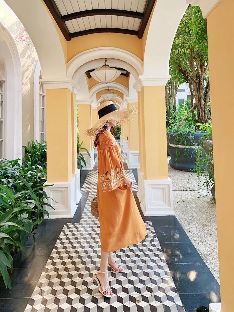 Kiyumi Boho Nepal пляжное платье женское Ретро этнический стиль Свободное дорожное вышитое хлопковое и льняное платье праздничное Повседневное платье