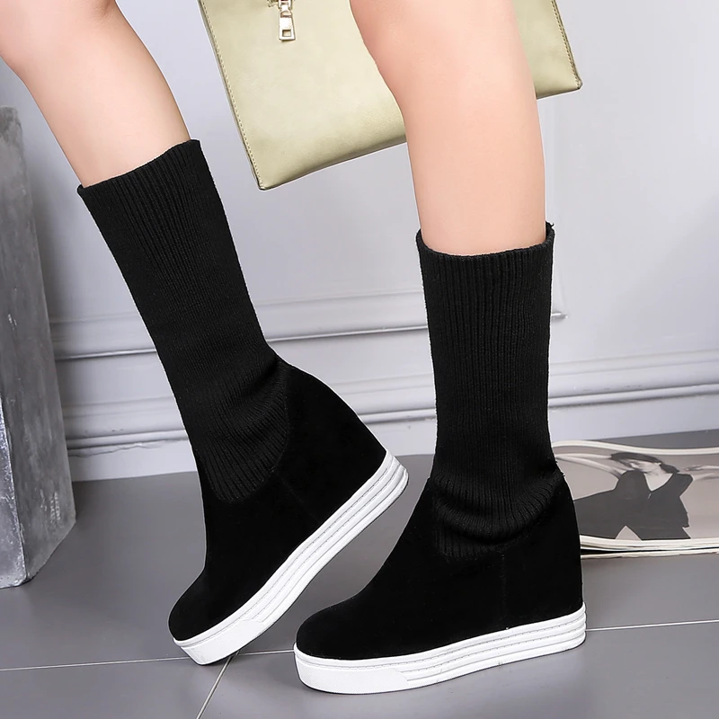 Botas de calcetín elásticas para mujer, con cuña oculta a moda, de media pantorrilla, color negro, para y primavera, 2021|Botas a media pantorrilla| - AliExpress
