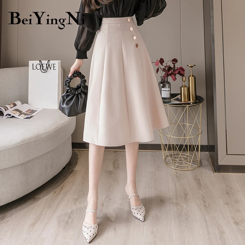 Women Skirt Buttons Spring Beiyingni Elegant Korean Solid-Color High-Street Summer Swing