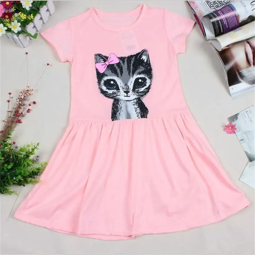 2,3,4,5,6,7,8 Years New Summer Girl Dress Cat Print Gray Pink Baby Girl Dress Children Clothing Dress Dropshipping KF999 fashion baby girl skirt Dresses