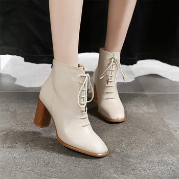 

COOTELILI Women Ankle Boots Keep Warm Square Toe 7cm Heel Zip And Lace Up Shoes Black Basic Shoes For Woman Botas Mujer 35-39