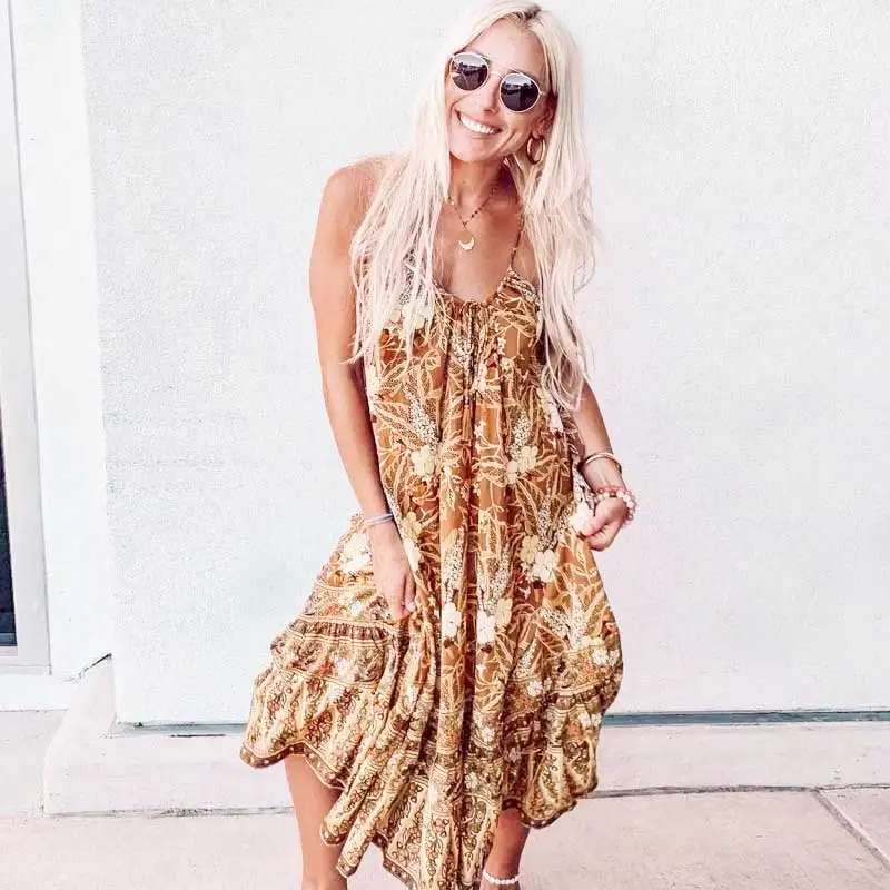 

BOHO INSPIRED floral print strappy dress V-neck tassel tied midi summer dress casual chic boho dress women 2019 loose vestidos