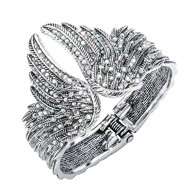 

Fashion Angel Wings Cuff Bracelet for Women Blue/Pink Crystal Punk Jewelry Gift Antique Silver Color Bangle Dropshipping