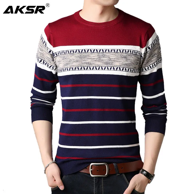 

AKSR Men's Fashion Striped Wool Sweater Warm Cashmere Pullover Sweater Jumper Men O Neck Large Size Pull Homme Sueter Hombre