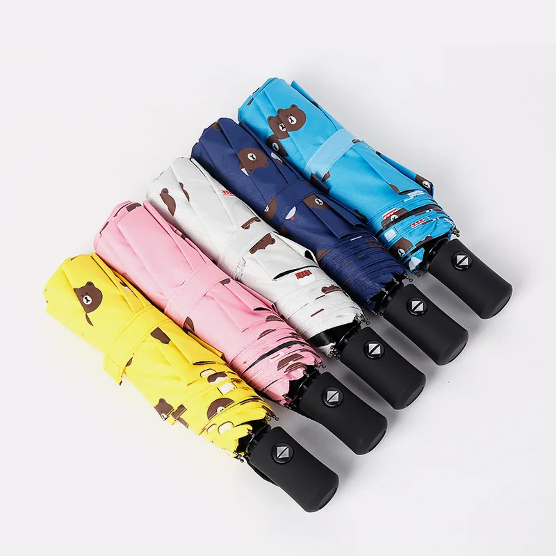 

New Style Three Fold Folding Fully Automatic Development All-Weather Umbrella Creative Cartoon Bear Parasol Vinyl College Style