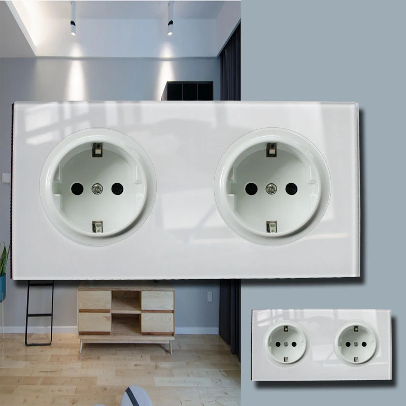 

146 Type Crystal Tempered Pure Glass Panel 13a Double Eu Germany Standard Wall Power Socket Grounded white switch