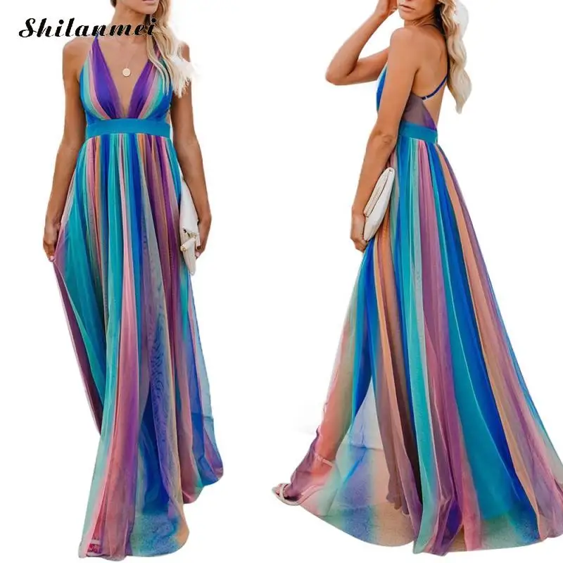 

2020 Summer Chiffon Long Slip Dress Women Backless Printed Loose Maxi Robe Female Sleeveless Deep V-Neck Striped Casual Dress