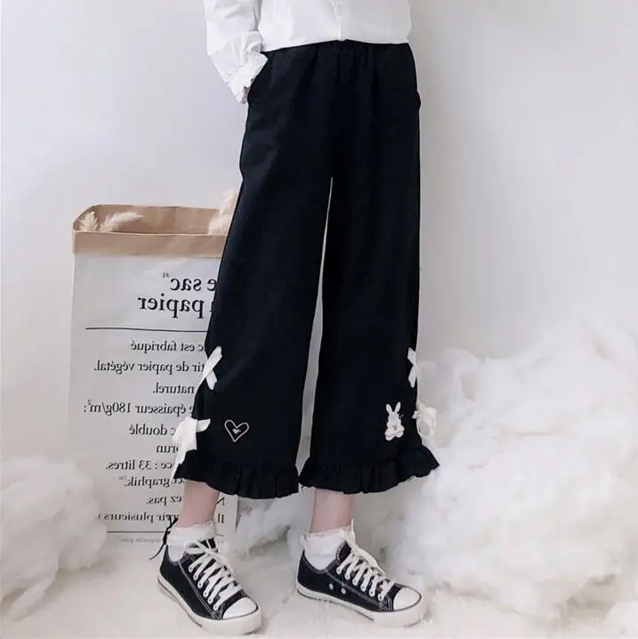 Женские брюки в корейском японском стиле Harajuku Ulzzang, повседневные свободные штаны с сердечками, женские милые штаны в японском стиле Харадзюку для женщин - Цвет: Черный