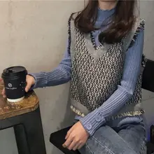 Новая жилетка свитер сшивание цветной окантовкой пуловер v-образным вырезом Свободный вязаный дикий жилет серый