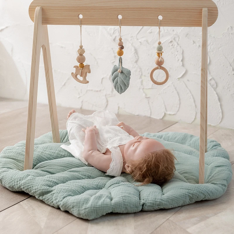 Baby Wooden Teether Gym Play Toys Cotton Leaves Mat Natural Wooden Rodent Stroller Chain Hanging Baby Toy Mobile Bed Holder Gift