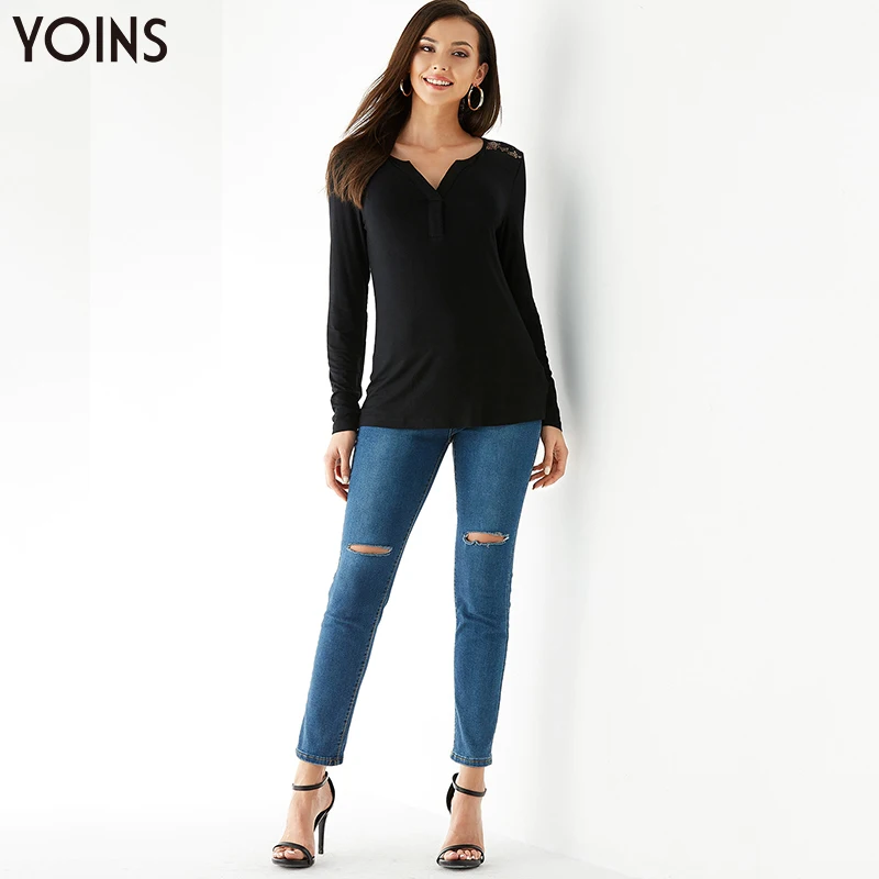 YOINS, Осень-зима, женские блузки и рубашки, кружевная вставка, v-образный вырез, длинный рукав, блузка, повседневная, обычный Топ, blusa feminina, черный
