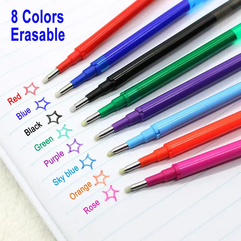 0.7mm 0.5mm Tip Retractable Erasable Gel Pen Refill Large Capacity 8 Color  Ink Cartridge Rods Washable Handle Writing Stationery