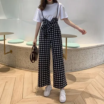 

Plaid Strap Jumpsuit Women 2020 Summer Korean Preppy Style Causal Bow High Waist Overalls Vintage Sweet Rompers Playsuit Black