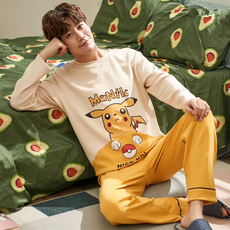 men pajama set Пижамы для мужчин; сезон осень; свободные брюки из чистого хлопка с длинными рукавами для отдыха с героями мультфильмов; зимняя одежда для подростков; домашняя одежда - Цвет: men pajama set