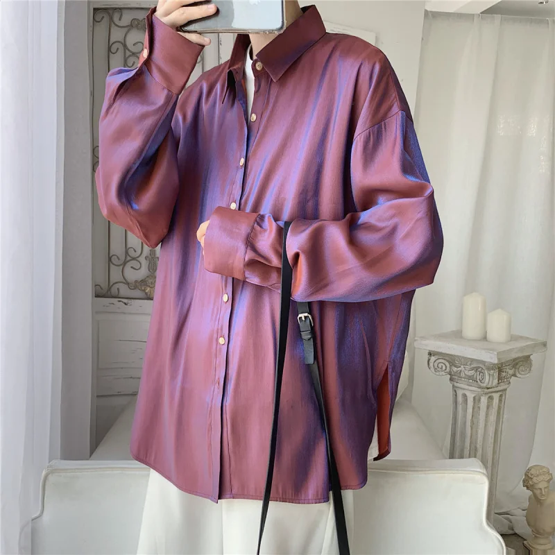 Men Fashion Lovers Holographic Silk Shirt Summer Sun Protection Cardigan Long Sleeve Reflective Loose Party Club Male Blouse women lace sexy floral gloves mittens bride wedding party sun protection wrist length driving thin gloves short tulle gloves